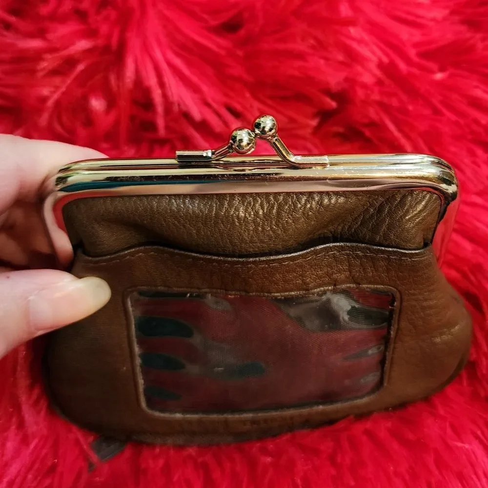Vintage Brown Genuine Pebbled Leather Coin Pouch with Silver Toned Kiss Lock